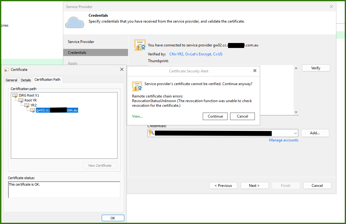Veeam Service Provider properties showing a RevocationStatusUnknown warning while Windows displays the Let's Encrypt certificate chain as valid.